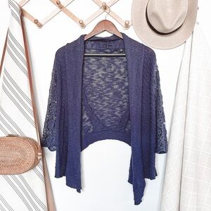 Anthropologie Knitted & Knotted Navy Lace Sleeve Cardigan